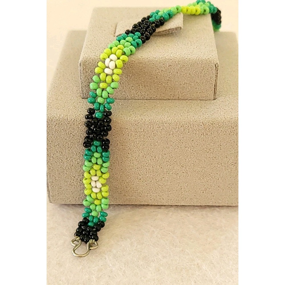 Artisan Peyote Stitch Seed Bead Bracelet Geometric Tribal Inspired Wire Clasp